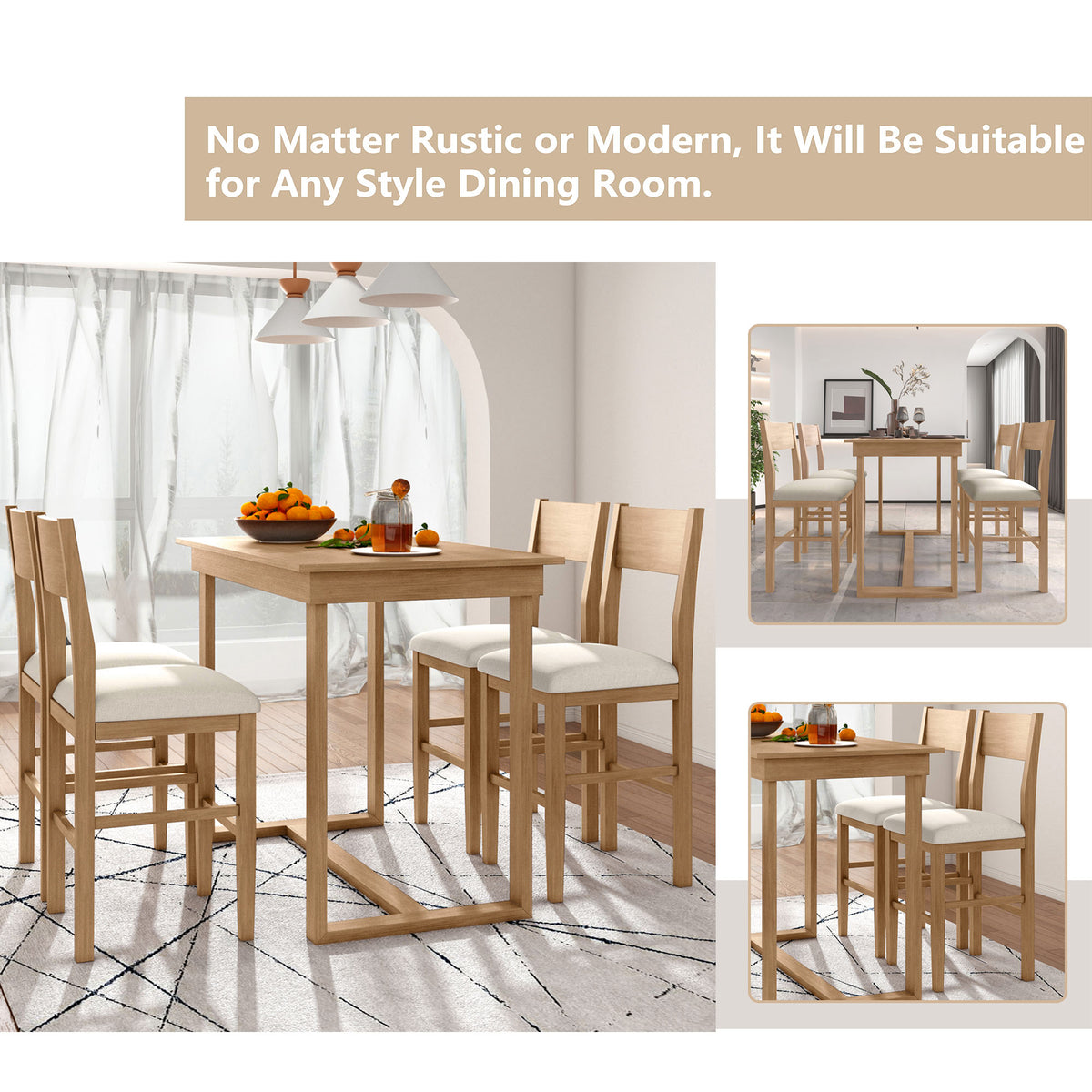 TOPMAX Farmhouse Counter Height 5-Piece Dining Table Set with 1 Rectangular Dining Table and 4 Dining Chairs for Small Places, Natural