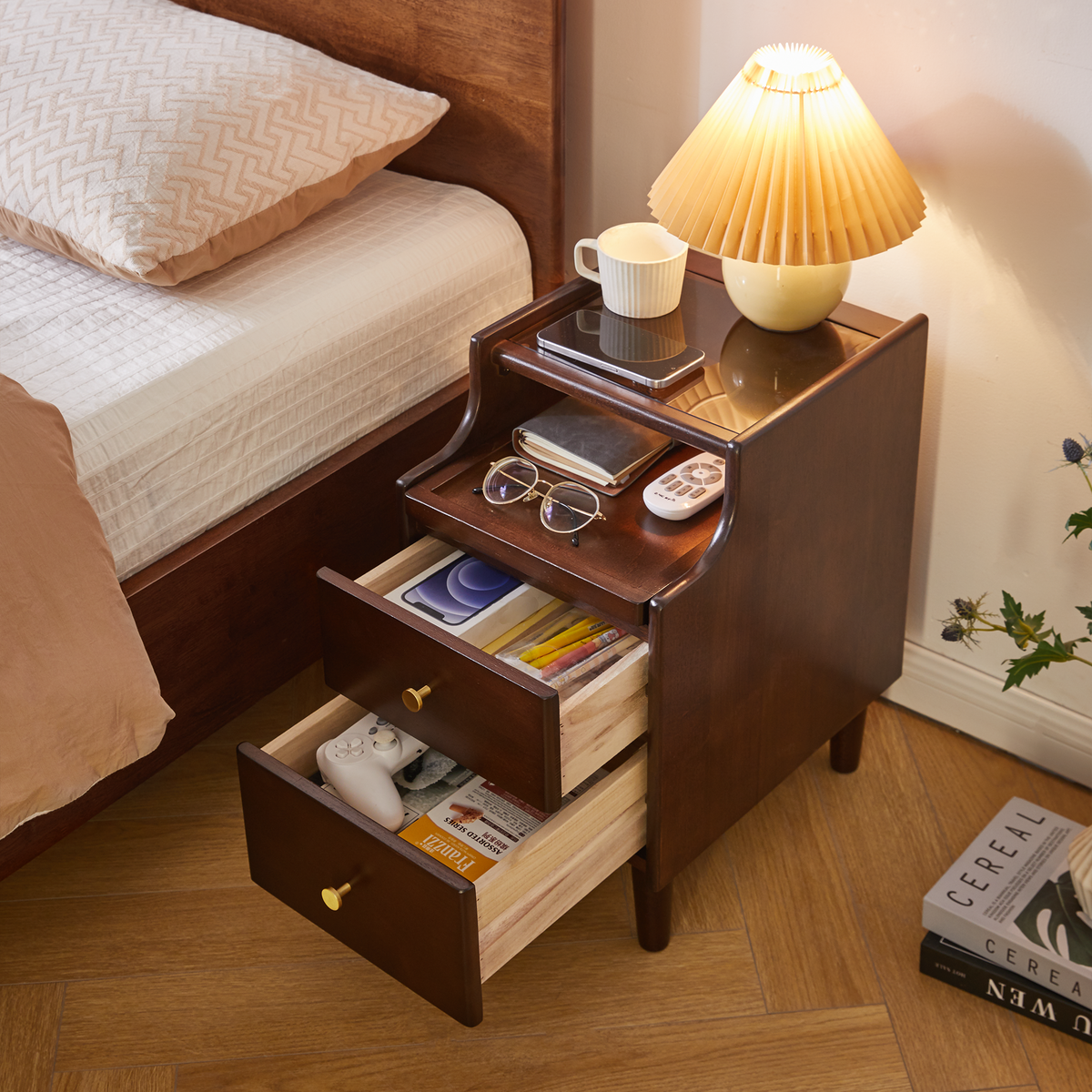 Solid Wood Nightstand with Two Drawers and Pull-out Panel Storage Bedside Table and Sofa Side Table
