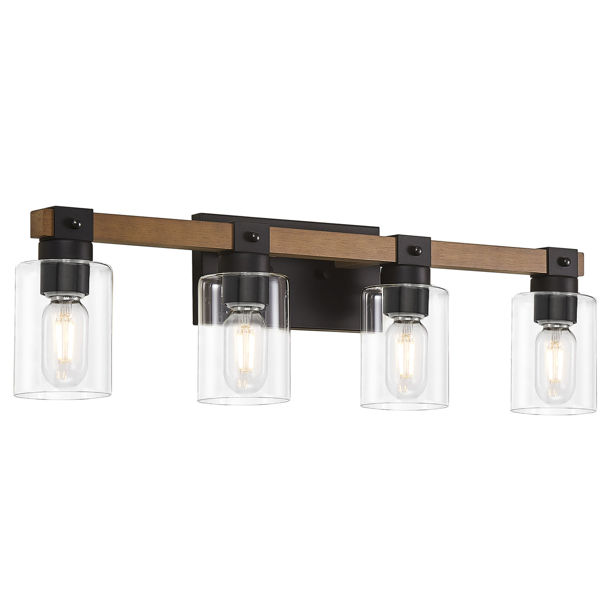 4-Light Farmhouse Vanity Light, Antique Wood Bathroom Wall Light with Clear Glass Shades, Mirror Lighting for Bedroom & Hallway, No Bulbs Included