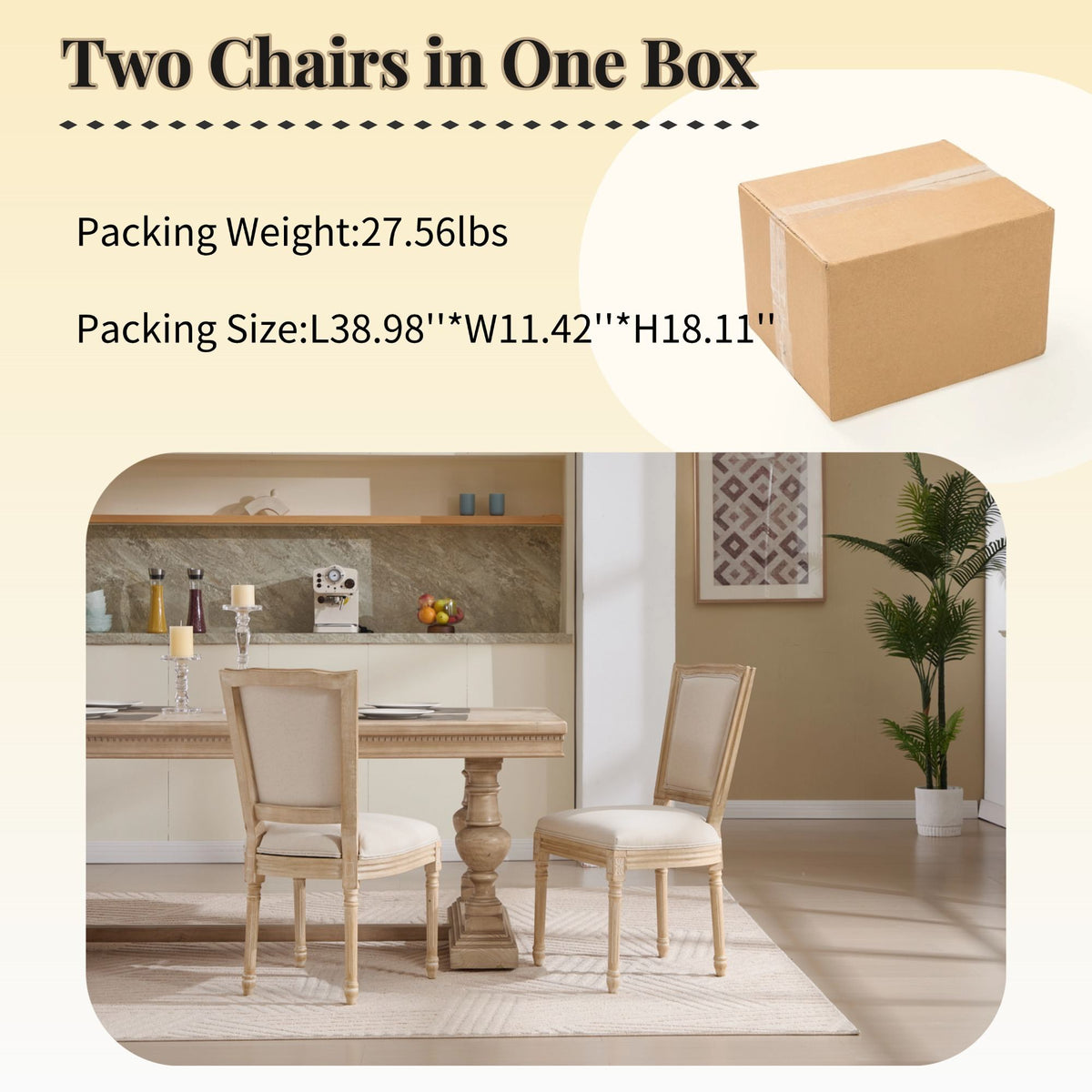 French Country Dining Chairs Set of 2, Upholstered Chairs with T-shaped Back, Wire drawing and carving techniques, Disassemblable
