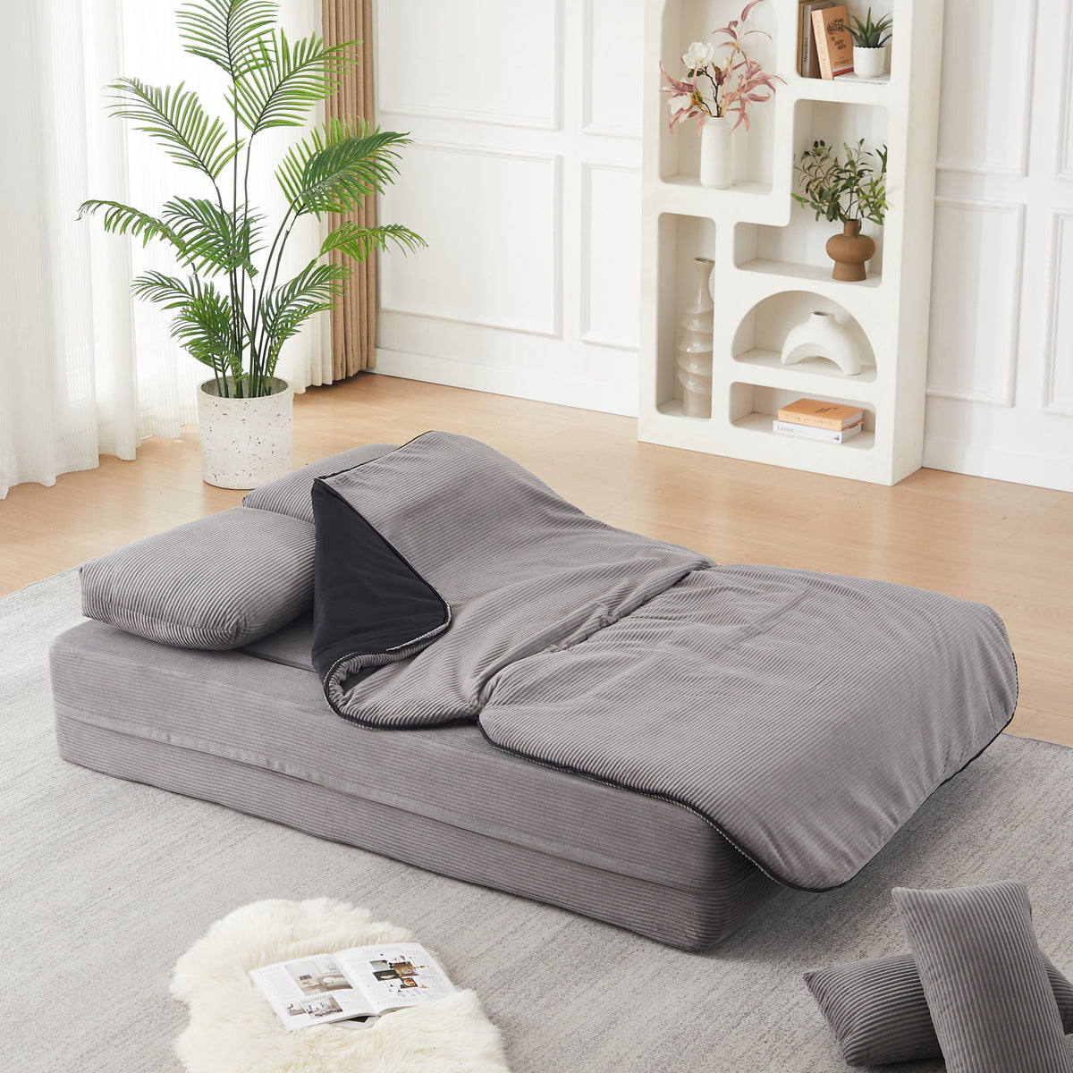 75'' 2-in-1 Foldable Sofa Bed with Multi-Functional Blanket in Grey Corduroy, Convertible Floor Lounge for Living Room Bedroom Studio