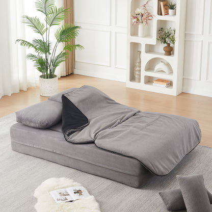 75'' 2-in-1 Foldable Sofa Bed with Multi-Functional Blanket in Grey Corduroy, Convertible Floor Lounge for Living Room Bedroom Studio