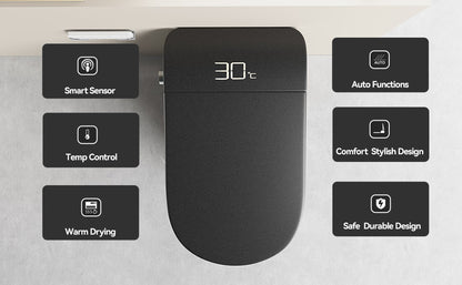Smart Bidet Toilet with Auto Open/Close Seat, Warm Water Wash, Heated Seat, and Dryer in Black Ceramic, One-Piece Design