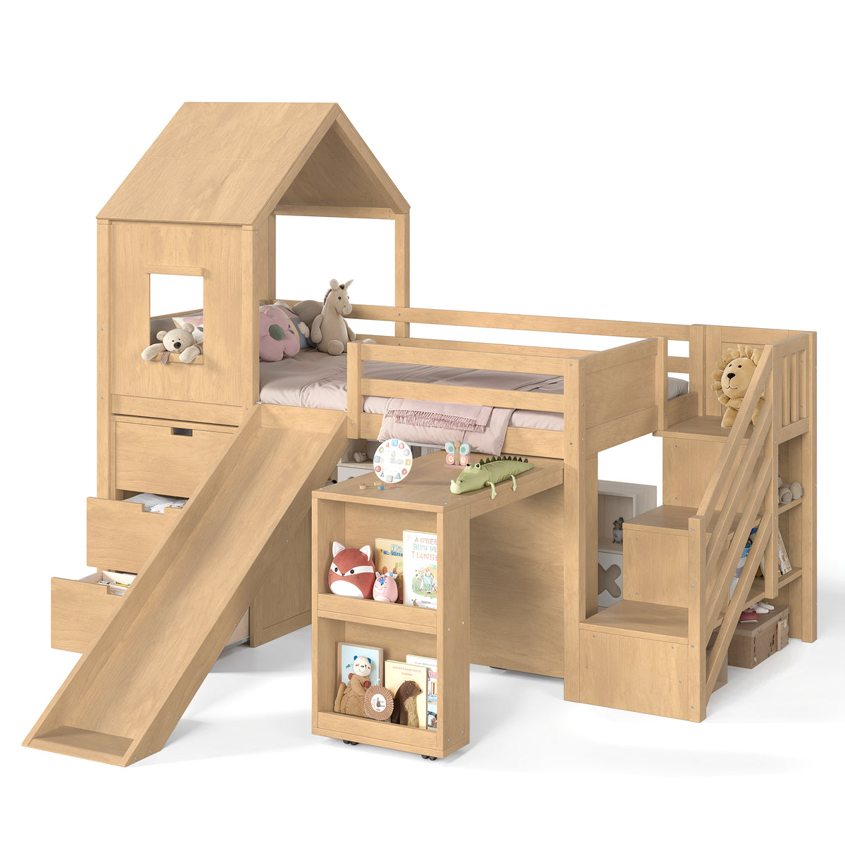 Twin Playhouse Loft Bed with Integrated Storage Drawers, Open Stair Shelves & Pull Out Desk, Kids Low House Loft Bed with Slide and Play Window, Natural