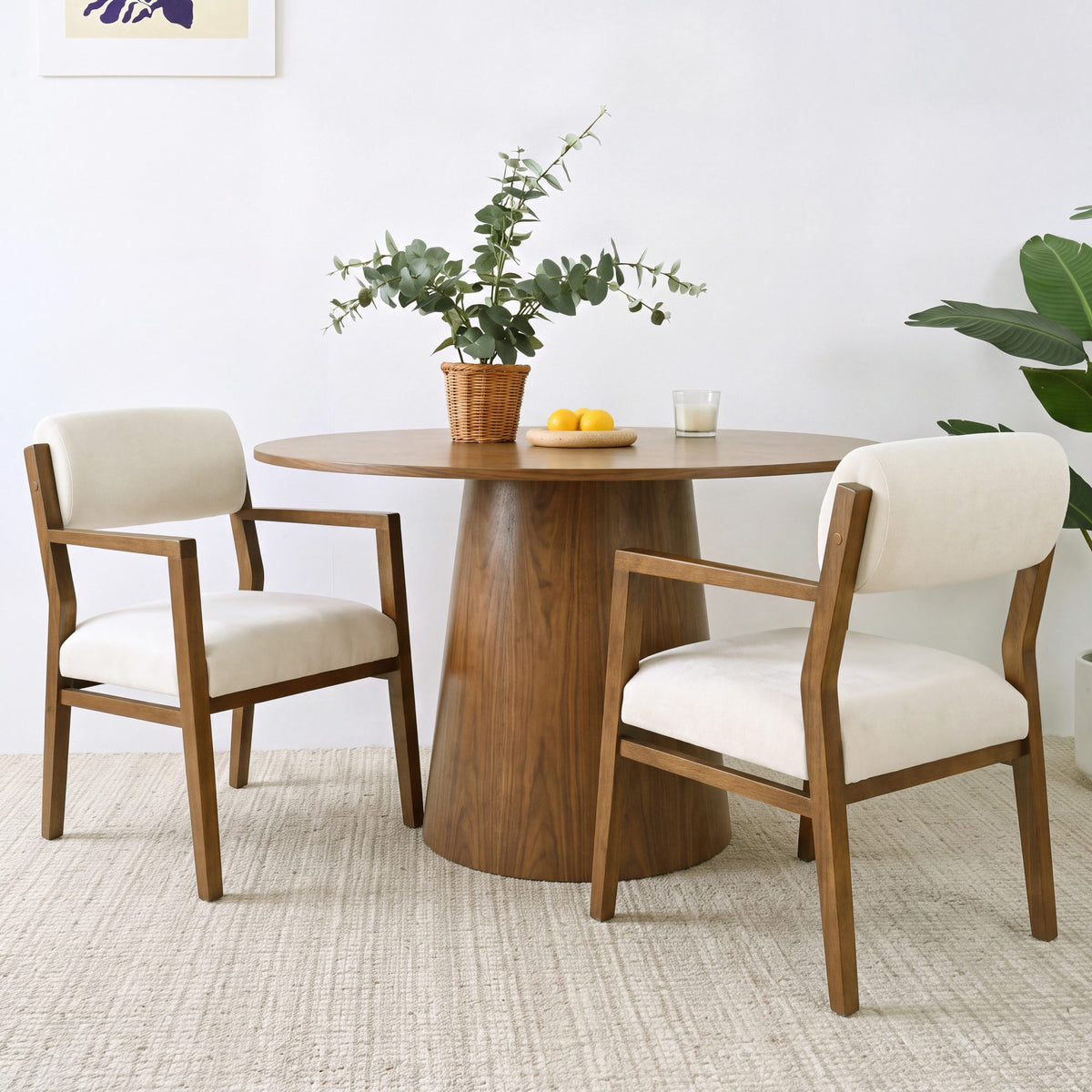 Rubber Wood Dining Chairs, Upholstered Fabric Armchairs(Set of 2),Natural wood + Beige fabric