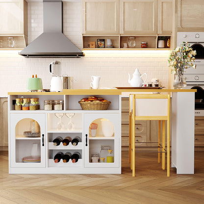U_STYLE Sideboard with Extendable Tabletop and Wine Rack, Counter Height Bar Table with Color LED Lighting and Left-side Power Outlet, Mobile Farmhouse Wine Cabinet Cart on Wheels (Chairs Not Included