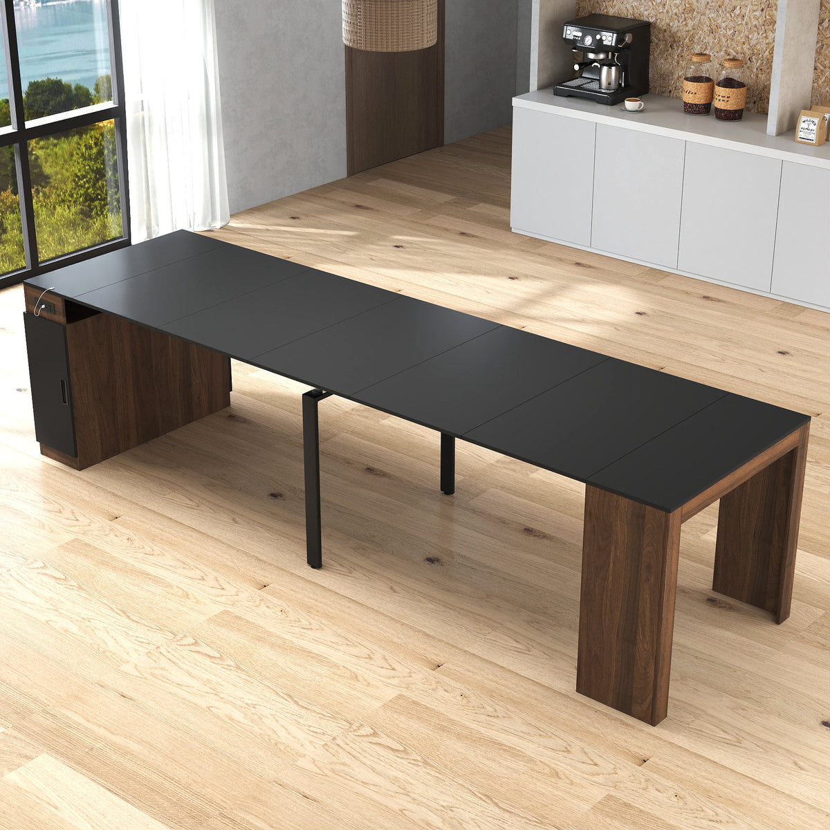 Modern Multifunctional Extendable Dining Table with Outlet, Space Saving Expanding Table with Storage for Party, Weddings, Meetings, Celebrations