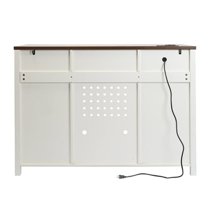 Farmhouse Coffee Bar with Mini Fridge Space & Built-in Charging Station,Large Bar Cabinet with Drawers & Adjustable Shelves for Kitchen, Dining Room, or Living Room, White