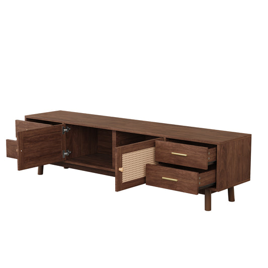 70inch Modern TV Stand with Rattan Doors for TVs up to 80in, Dark Brown Media Console with 4 Drawers & Cable Holes, Solid Wood Legs, MDF and PE Rattan Construction