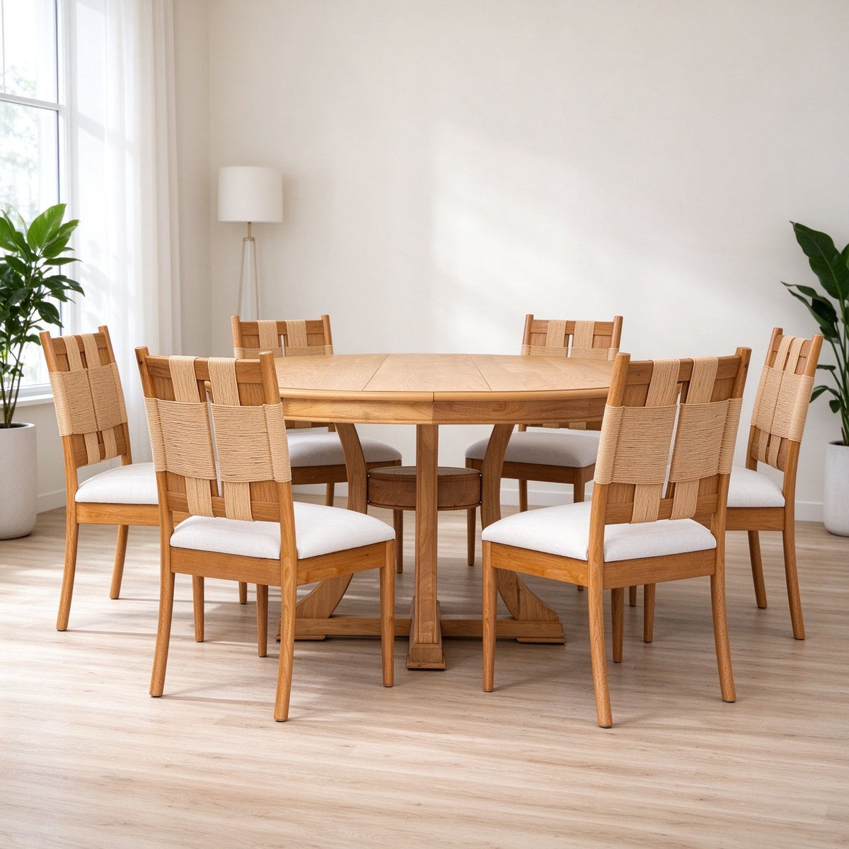Natural Wood Round Extendable Dining Table Set of 7, 6pcs Rope Woven Back Dining Chairs with Upholstered seats, Natural Oak Finish Dinner Table Set for Kitchen Dining Room