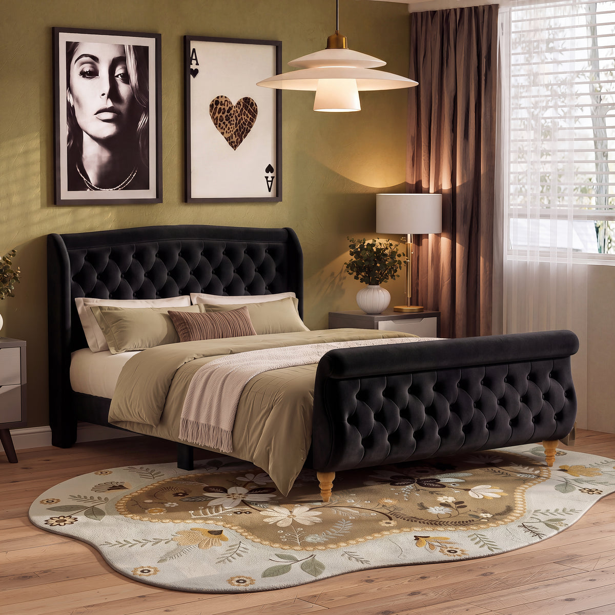 Queen Size Velvet Upholstered Bed Frame, Button Tufted Sleigh Platform Bed Frame with Curved Headboard & Footboard, Wood Slat Support, No Box Spring Needed, Black