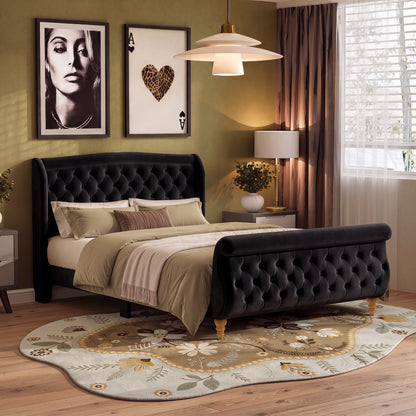 Queen Size Velvet Upholstered Bed Frame, Button Tufted Sleigh Platform Bed Frame with Curved Headboard & Footboard, Wood Slat Support, No Box Spring Needed, Black
