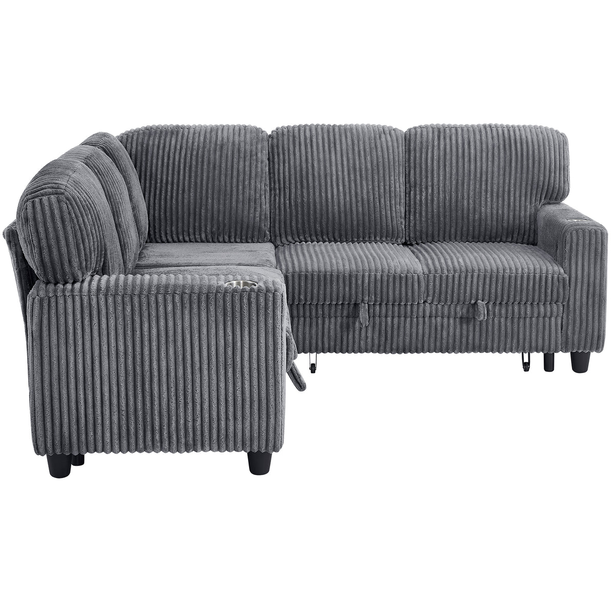 L-Shaped Sectional Sofa Bed with Pull-Out Bed & Storage, 5-Seat Sleeper Couch with USB Charging, Convertible Design, Corduroy Fabric, Grey