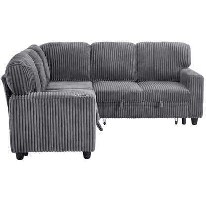 L-Shaped Sectional Sofa Bed with Pull-Out Bed & Storage, 5-Seat Sleeper Couch with USB Charging, Convertible Design, Corduroy Fabric, Grey