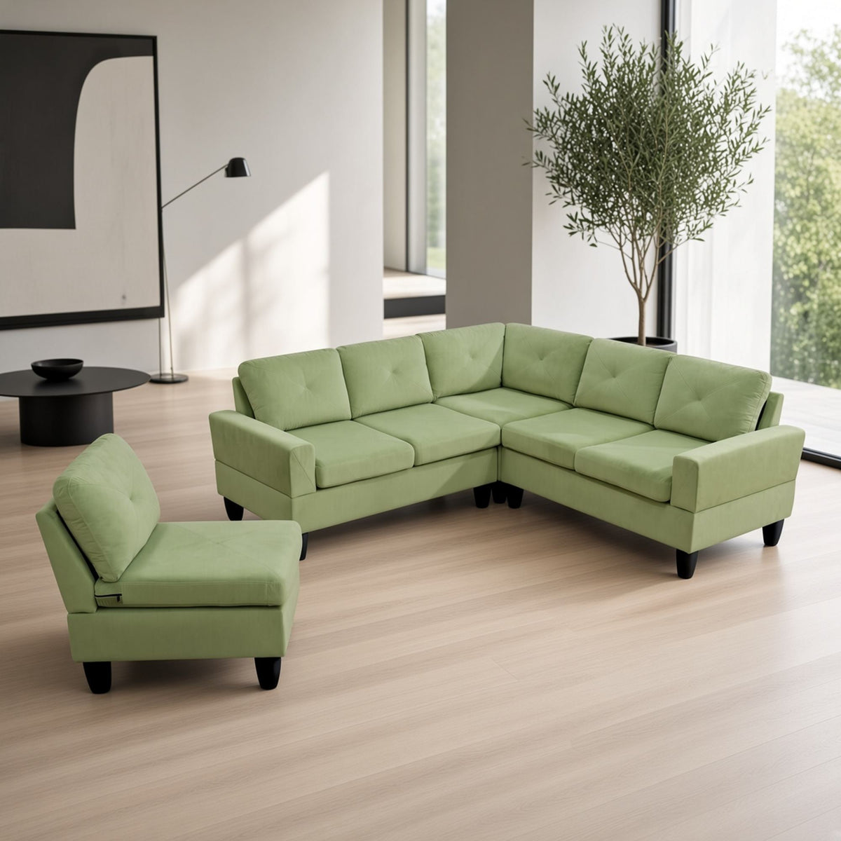 95.5 x 75 Inches Width Apple Green Modular L-Shaped Sectional Sofa 6-Seater 4-Piece Massa Flannel  Fabric Couch with Chaise