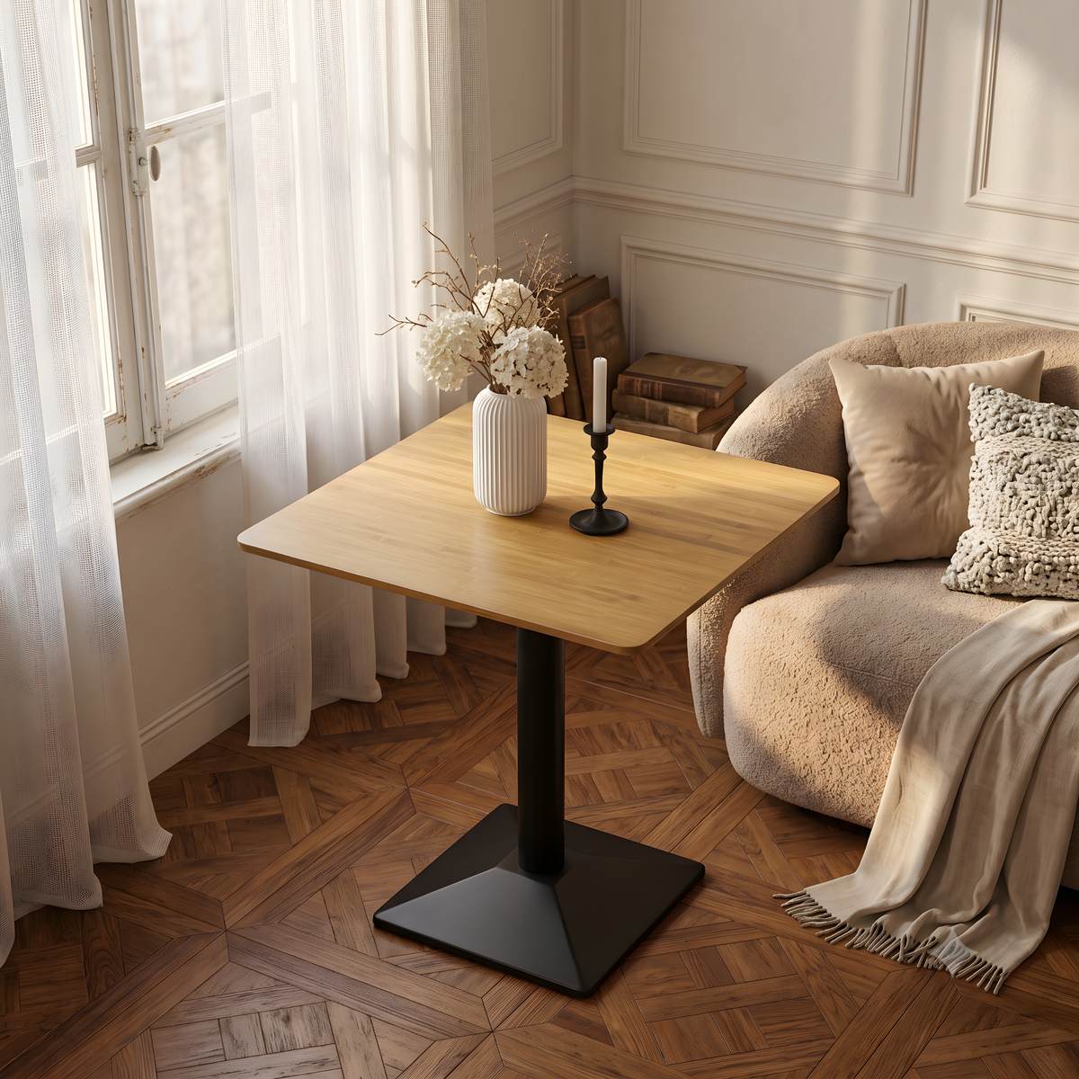 Square Bamboo Dining Table 26.4 Inch, Kitchen Table, Square Dining Table, Square Table, Small Dining Table for 2, Table for 2 - Black Metal Pedestal Bistro Table for Dining Room, Living Room & Apartme