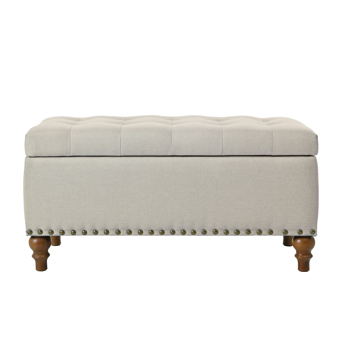 Ottoman storage bench, recessed support hinge top easy to open, rivet trim around, bedroom, entrance, living room, linen (Beige)