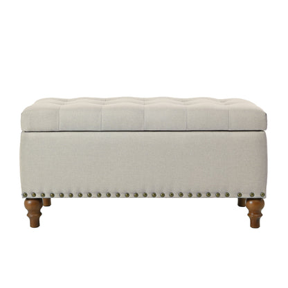 Ottoman storage bench, recessed support hinge top easy to open, rivet trim around, bedroom, entrance, living room, linen (Beige)