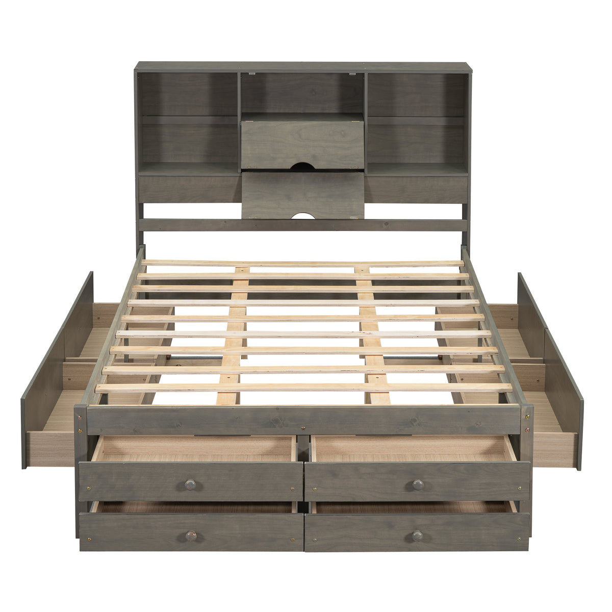 Queen Size Platform Bed with Storage Headboard and 8 Drawers, Gray