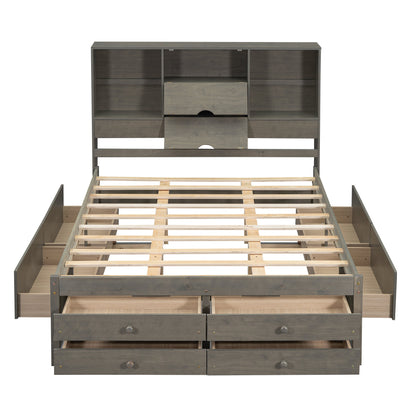 Queen Size Platform Bed with Storage Headboard and 8 Drawers, Gray