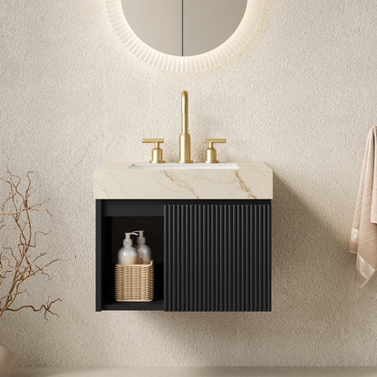 EIDEN 24'  Bathroom Vanity&Sink, Floating Storage Cabinet, Cream Gold Vein Sintered Stone Top&Ceramic Basin with 3 Pre-drilled Faucet Holes,Disassembled, NO Faucet and Drain Set, Black Color