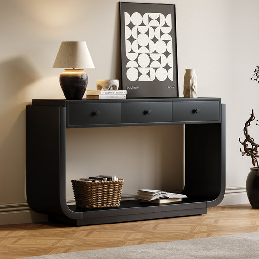 Classic-Style Console Table, 3 Storage Drawers, Display Shelf, Curved Legs, Painted Finish, Black