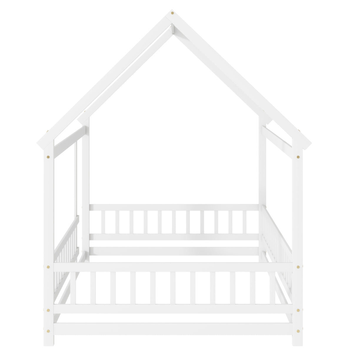 Full Size House Floor Wooden Bed with Roof Frame, Safety Guardrails,Whtie