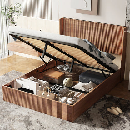 (Queen size) bed frame with a grooved and undulating lifting storage function, featuring a lifting storage feature, safe and beautiful / without noise, a wooden slat platform bed frame in a natural