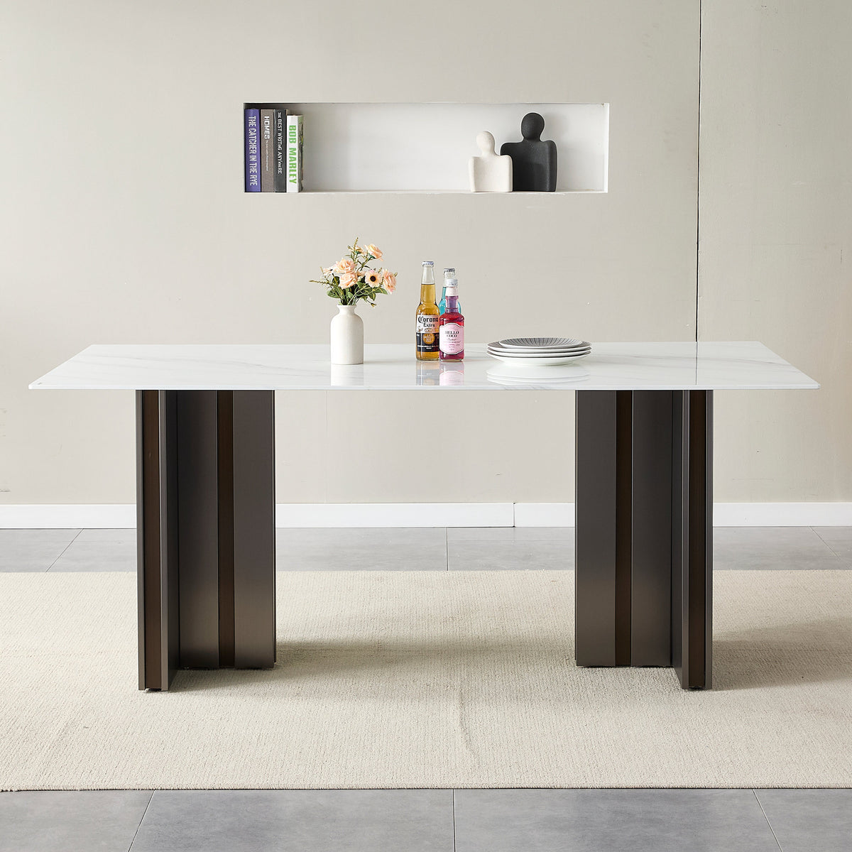 Modern Rectangular Dining Table, Tempered Glass with Marble Texture Top, Matte Gray Brushed Metal Legs, 4-6 Person Capacity, White Marble Finish, 69.30 Inch
