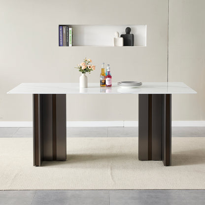 Modern Rectangular Dining Table, Tempered Glass with Marble Texture Top, Matte Gray Brushed Metal Legs, 4-6 Person Capacity, White Marble Finish, 69.30 Inch
