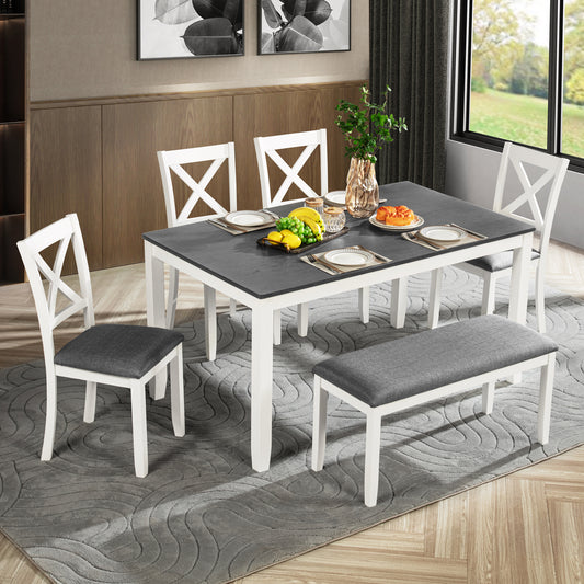 Modern 6-Piece Dining Table Set with Bench and Chairs for Dining Room or Kitchen - Grey & White Two-Tone