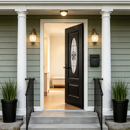 36"x80" Fiberglass Front Door with White 4-9/16" PVC Frame,Right-Hand Inswing Exterior Door with Brickmould,Brushed Smooth skin with Oval Decorated glass for Home Entrance, Black