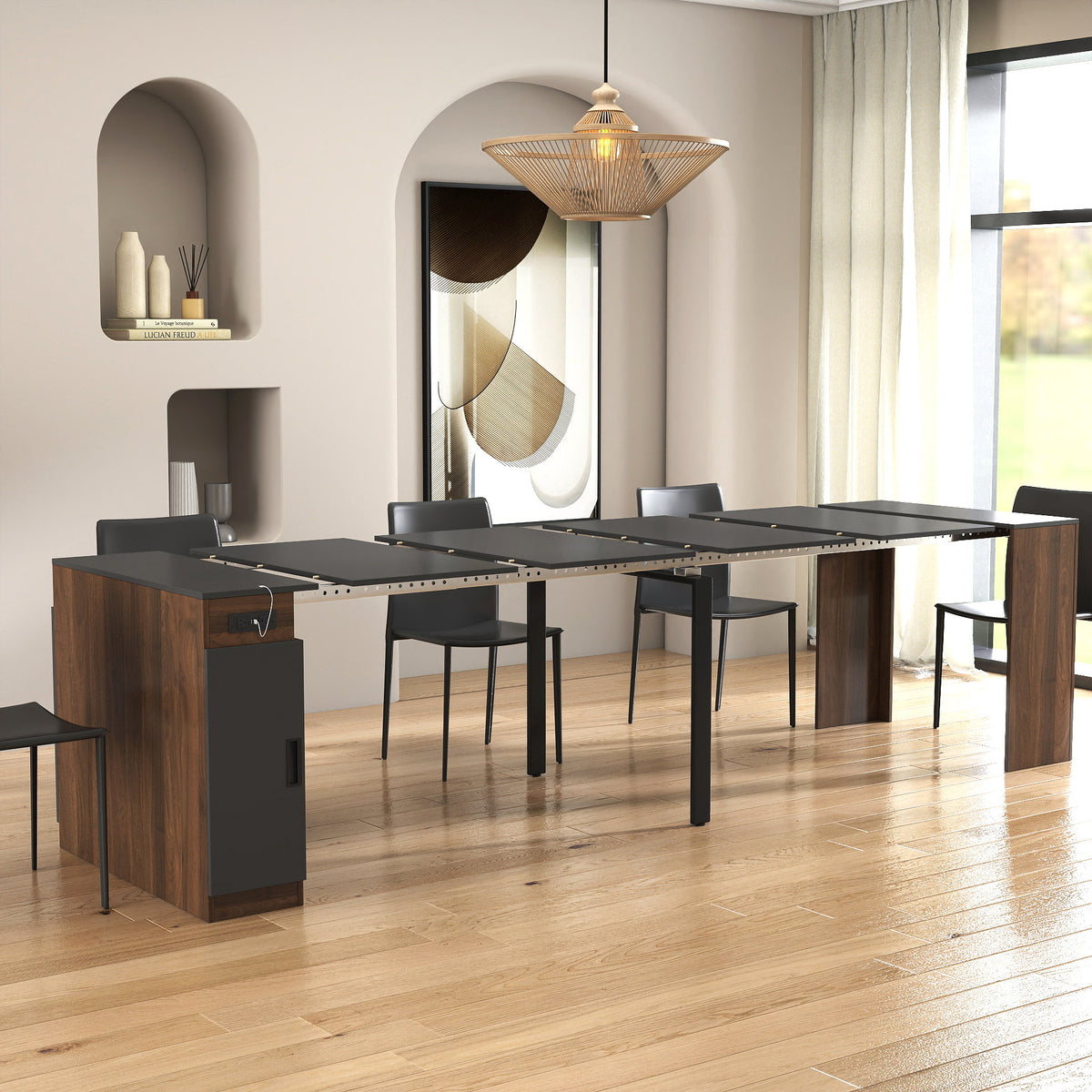 Modern Multifunctional Extendable Dining Table with Outlet, Space Saving Expanding Table with Storage for Party, Weddings, Meetings, Celebrations