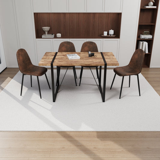 55' MDF dark wood dining table and modern dining chair set of 4 pieces, medieval wooden kitchen dining table set, black rectangular metal base, dining table and suede chair set