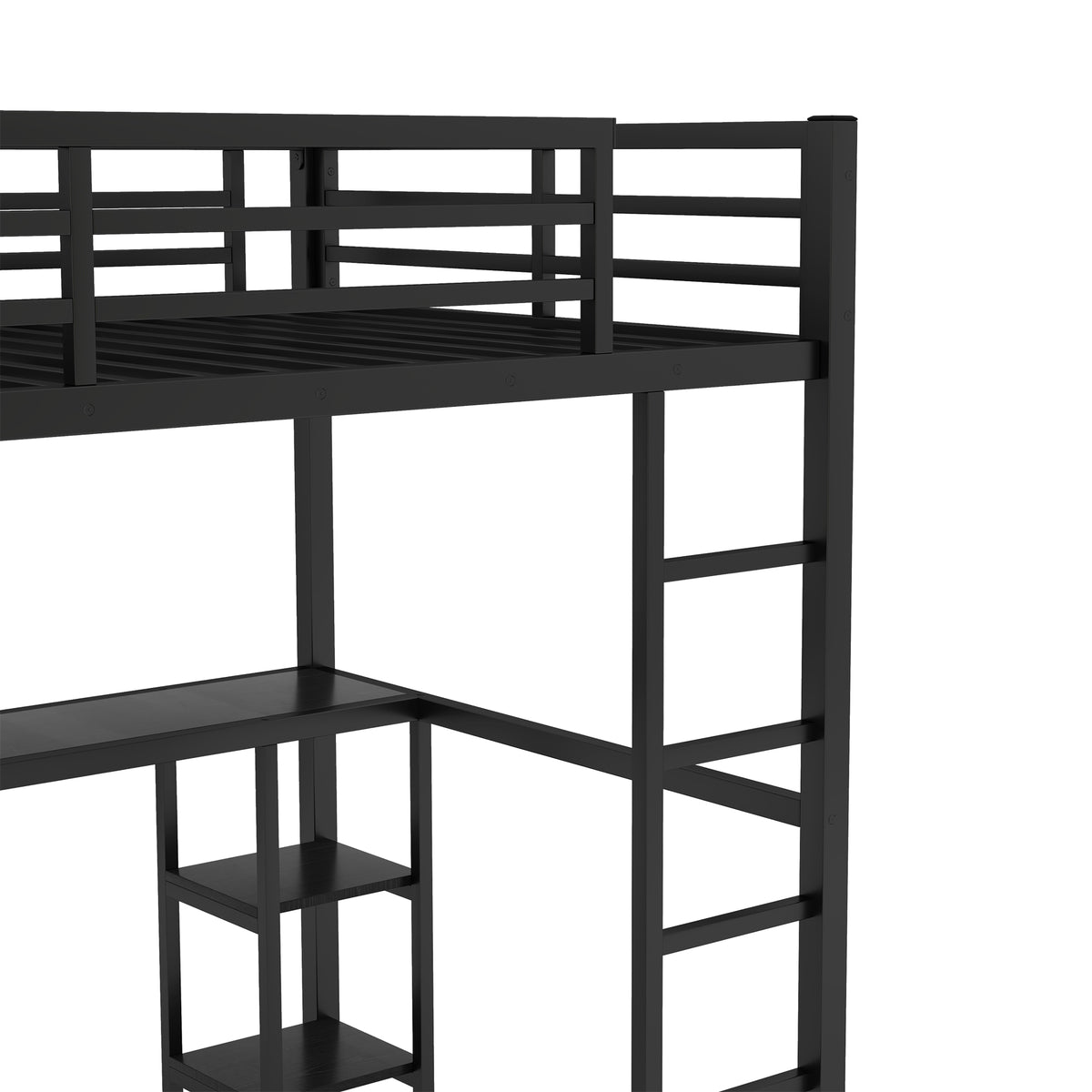 Full Size Loft Bed Frame with Built-in Wardrobe, Metal Loft Bed with Desk and Storage Shelves, Black