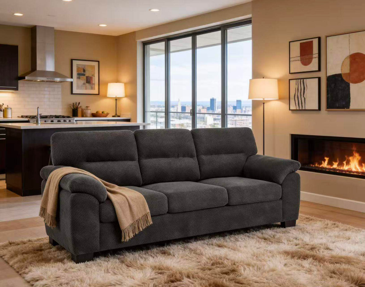 3-Seater Sofa, Dark Gray Upholstered Couch, Modern Living Room Furniture, Textured Fabric Sofa, Minimalist Settee, Comfortable Armchair, Sturdy Frame Sofa