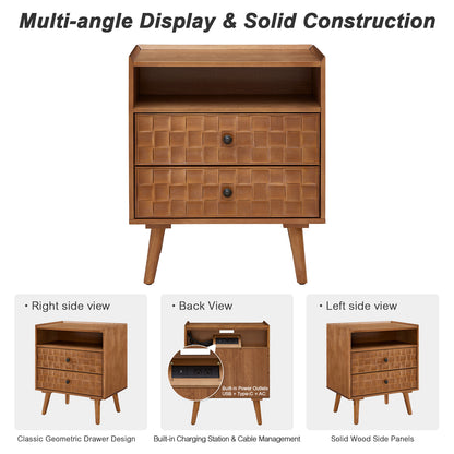 Nightstand with Charging Station, 2 Drawer Bedside Table with Shelf  Features geometric drawer fronts, open storage, USB and AC charging, and solid wood legs for everyday convenience