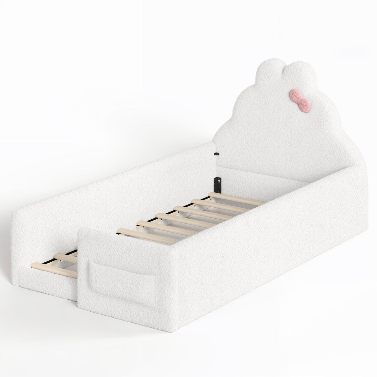 Twin Size Upholstered Floor bed, LowtoGround floor bed, Soft Padded Upholstered Kids bed, Safe Children Bed Frame with Side Storage Pocket for Kids.White