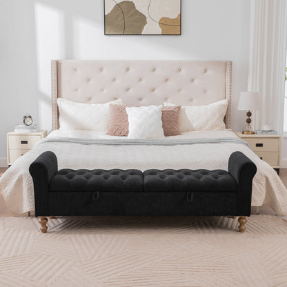 65.75" Wide Modern Upholstered  Storage Bench With Double Lids, Napped fabric Foot Stool With Rolled Armrest, Bench Daybed With Rubberwood Legs For Living Room, Entryway, Dormitory, Bedroom,Black