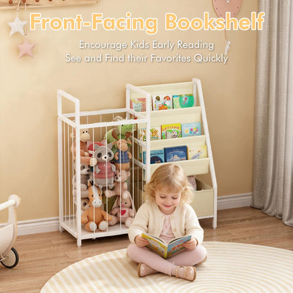 Kids Bookshelf and Toy Storage Organizer, Dual-Sided Children Bookshelf with Figure Display Storage and Book Sling Pockets, Toy Organizer for Playroom, Bedroom and Nursery