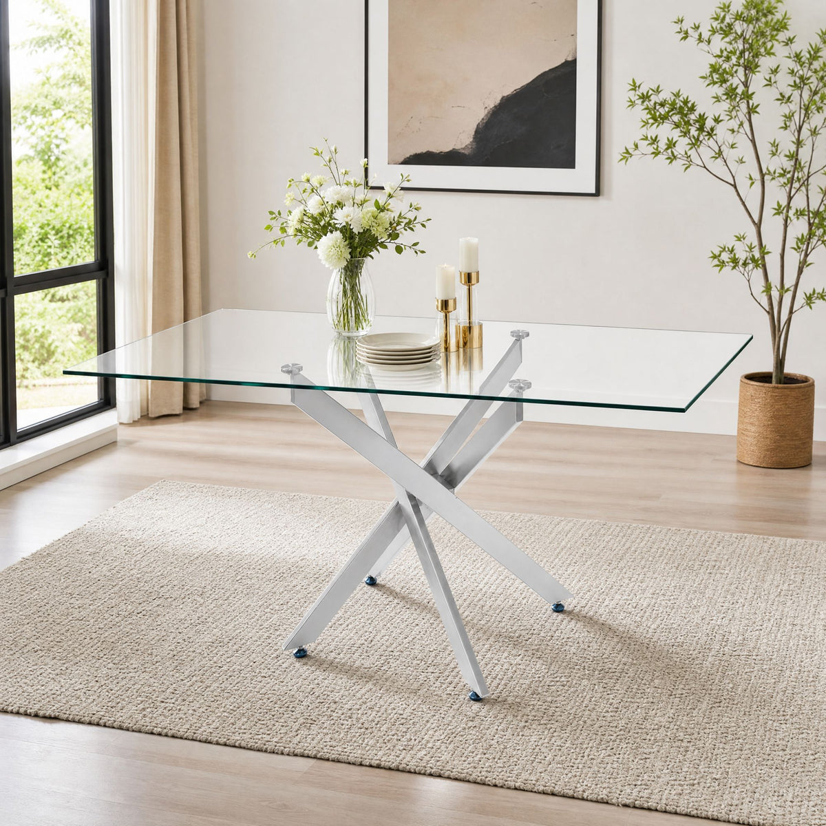 Modern Rectangular Glass Table, 47.24 Inches Of Tempered Glass With A Silver Frame.Kitchen Table Set for Dining Room, Party Table,Conference table,Living Room,Office,Cafe,Home Kitchen,Bedroom