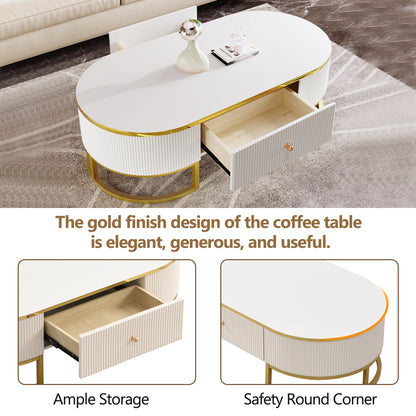 Modern Oval Coffee Table with Drawers, Curved Profile Design, Gold Metal Decor, Center Table for Living Room in 47.2"