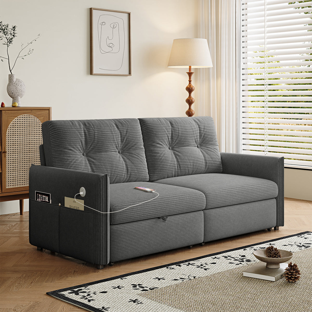 Sleeper Sofa, 69.7' Pull-Out Bed Storage Sectional, Convertible 2-in-1 Sofa Bed with Ottoman, Cozy Multi-Functional Futon for Small Spaces, Corduroy Fabric, Ideal for Living Room & Bedroom