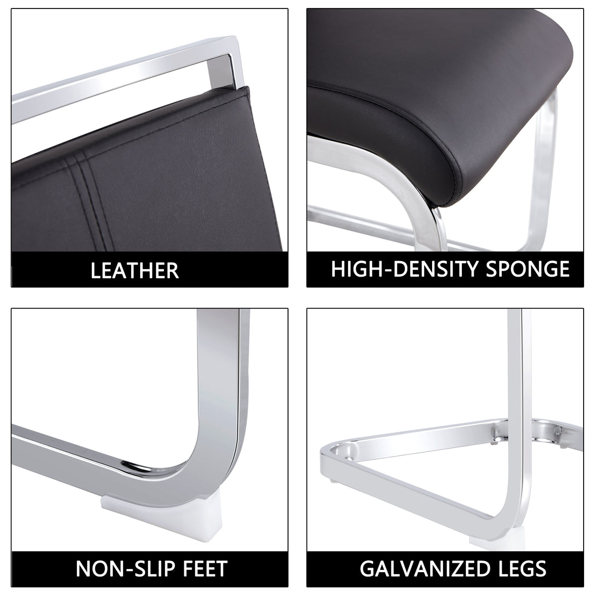 Modern Dining Chairs,PU Faux Leather High Back Upholstered Side Chair with C-shaped Tube Chrome Metal Legs for Dining Room Kitchen Vanity Patio Club Guest Office Chair (Set of 4)(Black+PU Leather)1162