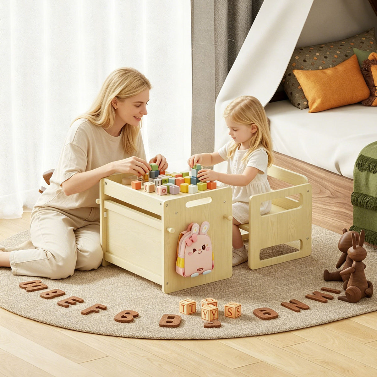 Montessori Weaning Table and Chair Set, Adjustable Wooden Toddler Table and Chair Set, Kids Activity & Play Table for Eating, Drawing, Learning and Playing(Natural)