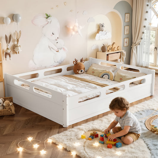 Queen Size Floor Platform Bed with Full-length Guardrails, Low Profile Queen Bed Frame, No Box Spring Needed, White