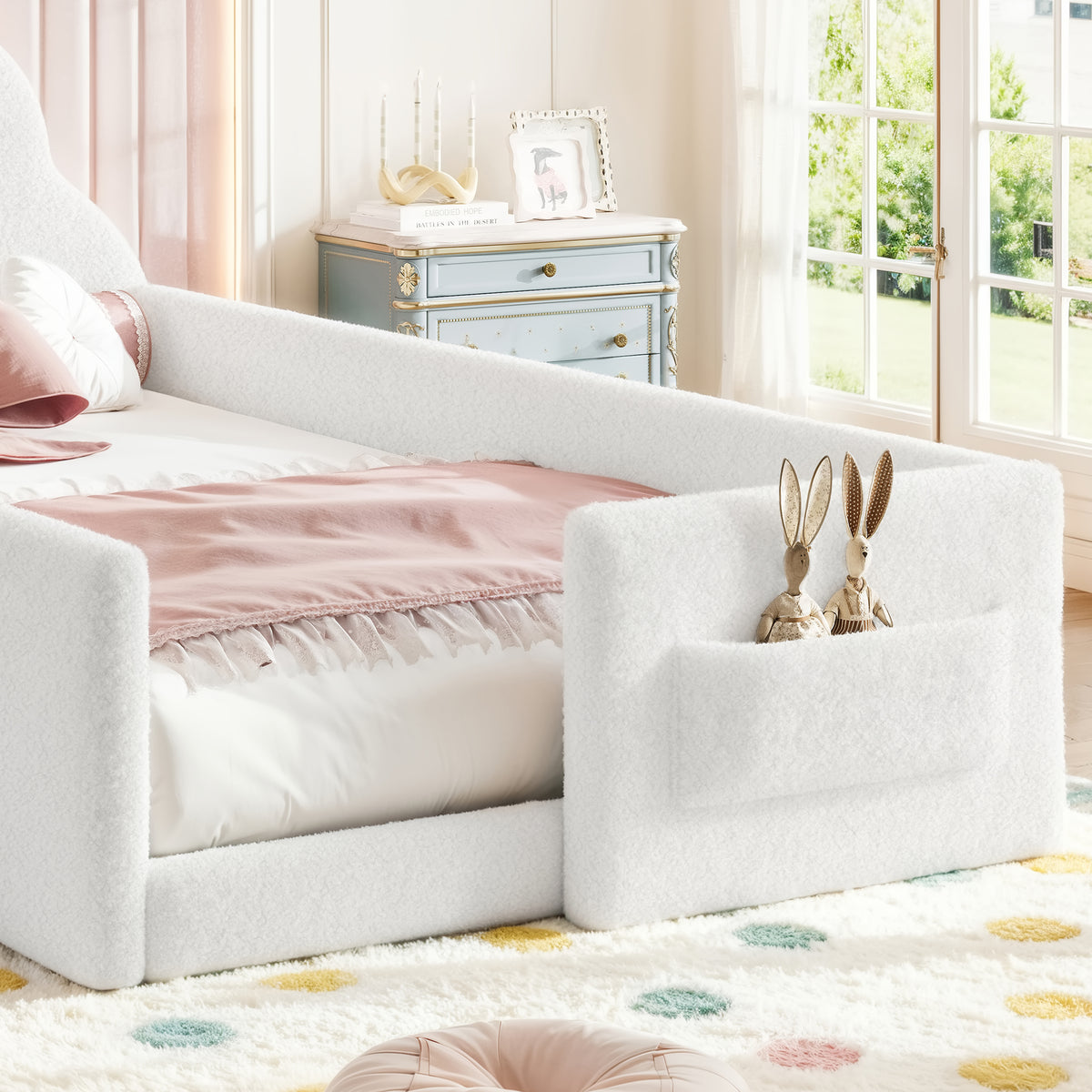 Twin Size Upholstered Floor bed, LowtoGround floor bed, Soft Padded Upholstered Kids bed, Safe Children Bed Frame with Side Storage Pocket for Kids.White