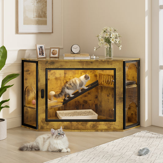 48' Corner Cat Litter Box Enclosure, Modern Hidden Litter Box Corner Cabinet with Acrylic Door and LED Light, Cat House with Playground and Stairs, Tiger