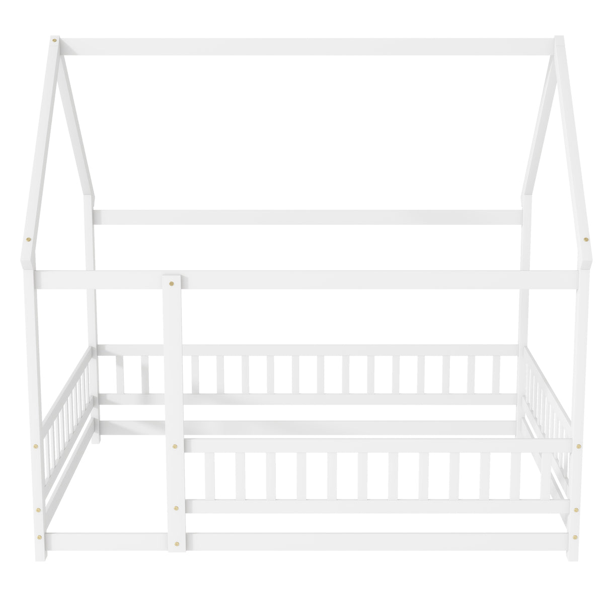 Full Size House Floor Wooden Bed with Roof Frame, Safety Guardrails,Whtie