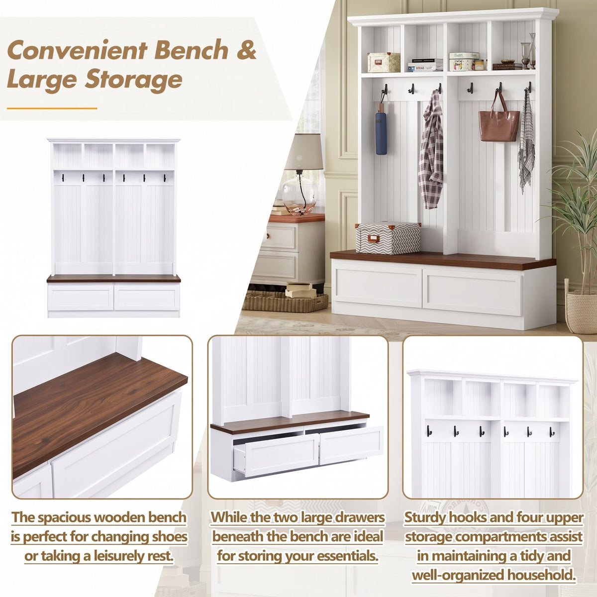 Farmhouse 4-in-1 Hall Tree with Wood Grain Bench, Mudroom Versatile Coat Rack with 2 Large Drawer, Entrance Organizer, White, 55.9" W